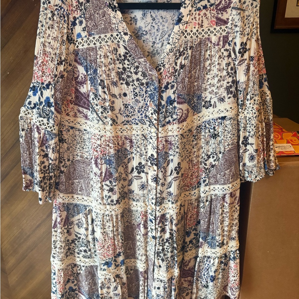 Knox Rose Cream Tunic with Blue, Brown and Pink Floral Patchwork